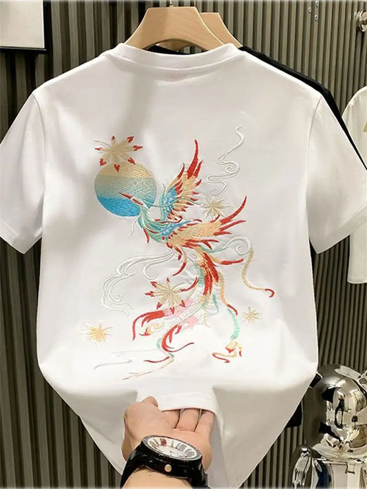 Men’s Summer Loose-Fit Phoenix Embroidery T-Shirt – Retro Chinese Style