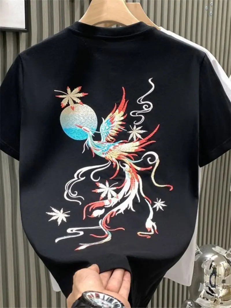 Men’s Summer Loose-Fit Phoenix Embroidery T-Shirt – Retro Chinese Style