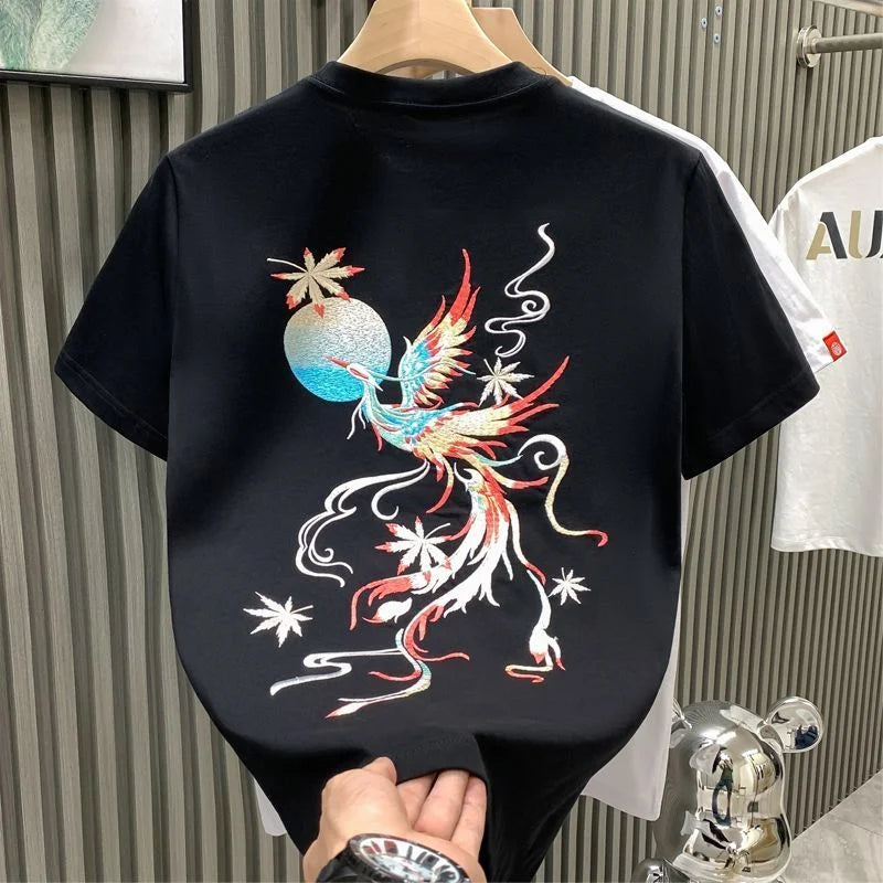 Men’s Summer Loose-Fit Phoenix Embroidery T-Shirt – Retro Chinese Style