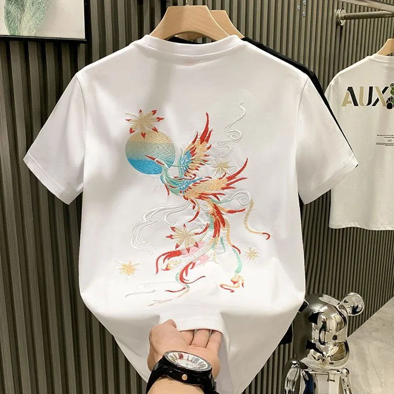 Men’s Summer Loose-Fit Phoenix Embroidery T-Shirt – Retro Chinese Style